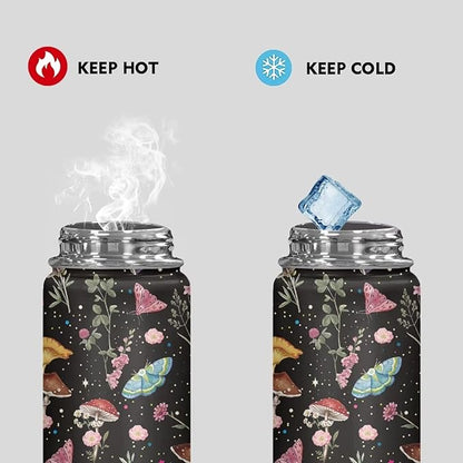 Wild Mushoom Water Bottle 18 Oz for Women Insulated Water Bottles with Handle Flask Wide Mouth Bottle Vacuum Stainless Steel Metal Water Bottle