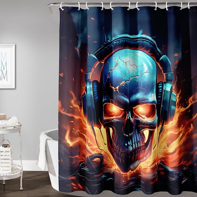 AILONEN Headset Skull Shower Curtain,Hip Hop Skeleton Fire Skull Bath Curtain,Cool Skull Decoration Bathroom Curtain with 12 Plastic Hooks,Waterproof 60" W*72" H