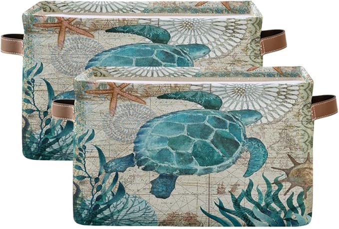Sea Turtle Storage Basket Fabric Storage Bin Nautical theme Baskets Coastal Starfish Foldable Storage Boxes Organizer Bag for Baby Cloth Dog Toy Book Storage Cubes Shelf Closet Basket 16×12×8 Inches