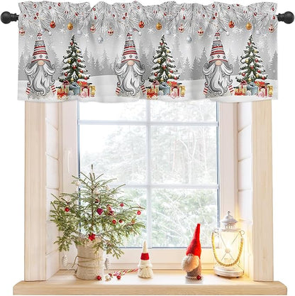 Christmas Gnome Valance Curtains for Kitchen Windows Winter Merry Christmas Tree Balls Rod Pocket Window Treatment Toppers for Kitchen/Living Room/Bedroom/Bathroom, 42" X 12", Grey