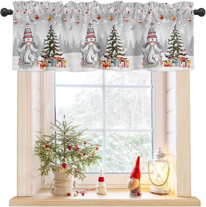 Christmas Gnome Valance Curtains for Kitchen Windows Winter Merry Christmas Tree Balls Rod Pocket Window Treatment Toppers for Kitchen/Living Room/Bedroom/Bathroom, 60" X 18", Grey