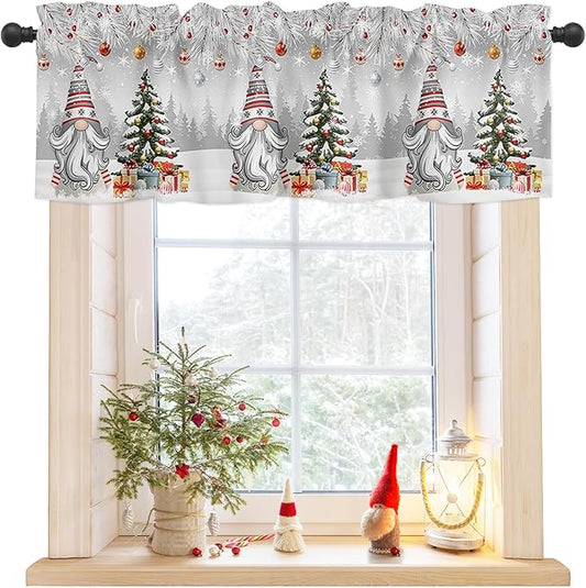 Christmas Gnome Valance Curtains for Kitchen Windows Winter Merry Christmas Tree Balls Rod Pocket Window Treatment Toppers for Kitchen/Living Room/Bedroom/Bathroom, 60" X 18", Grey