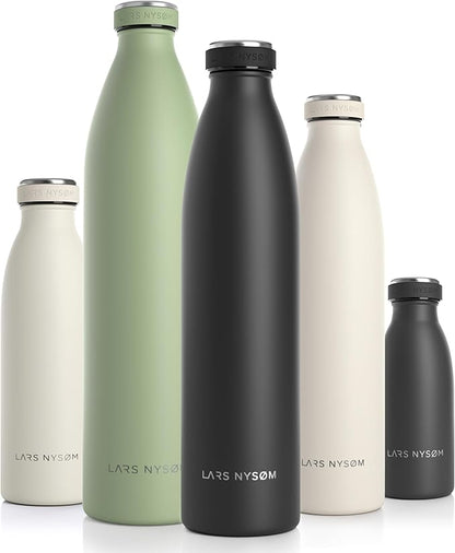 LARS NYSØM Stainless Steel Insulated Water Bottle 12oz 17oz 25oz 34oz 51oz | BPA-free Insulated Thermo Flask for Hot and Cold Beverages | Leakproof Drinking Bottle (Onyx Black, 34oz)