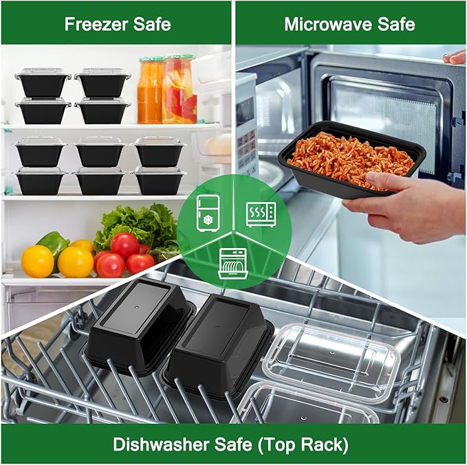 50 Pack (100-Piece) 24 oz Meal Prep Containers Reusable with Lids, Sturdy Leakproof & Food Safe, Microwave, Freezer, Dishwasher Safe Food Prep Containers, To Go Take Out Plastic Food Storage