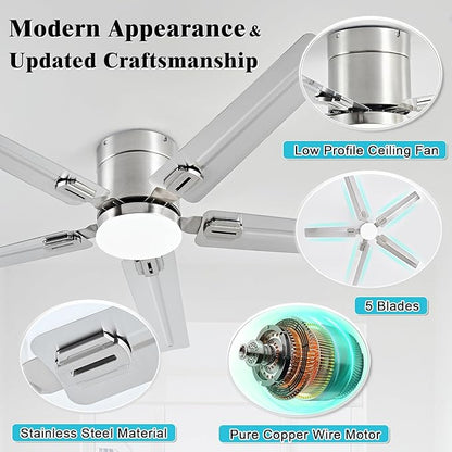 52inch Stainless Steel Ceiling Fan with Lights, 5 Blades, Remote Control, Low Profile Ceiling Fan, for Patio, Living Room, Bedroom, Office, Indoor, Outdoor