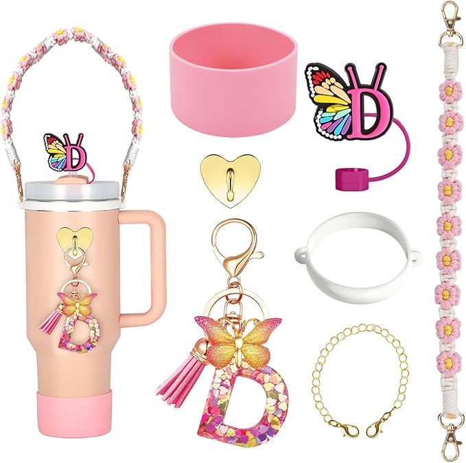SPORCLO Stanley Cup Accessories Include Silicone Stanley Straw Cover, Butterfly Letter Keychain Charms, Water Bottle Handle Strap, Boot and Chain for Stanley Cup 30oz 40oz Tumbler