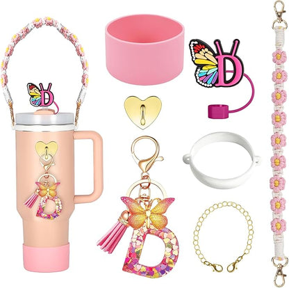 SPORCLO Stanley Cup Accessories Include Silicone Stanley Straw Cover, Butterfly Letter Keychain Charms, Water Bottle Handle Strap, Boot and Chain for Stanley Cup 30oz 40oz Tumbler