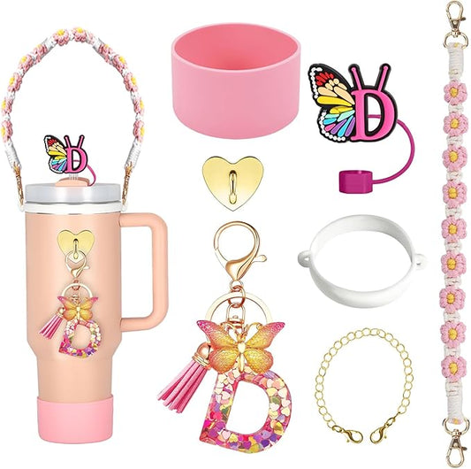 SPORCLO Stanley Cup Accessories Include Silicone Stanley Straw Cover, Butterfly Letter Keychain Charms, Water Bottle Handle Strap, Boot and Chain for Stanley Cup 30oz 40oz Tumbler