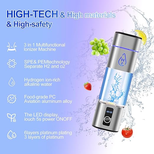 6000PPB Hydrogen Water Bottle, 3-in-1 Multifunctional, 2 Modes Rechargeable Portable Hydrogen Water Bottle Generator, LED Display, Water Ionizer Machine with SPE PEM for Office, Drinking,Gifting