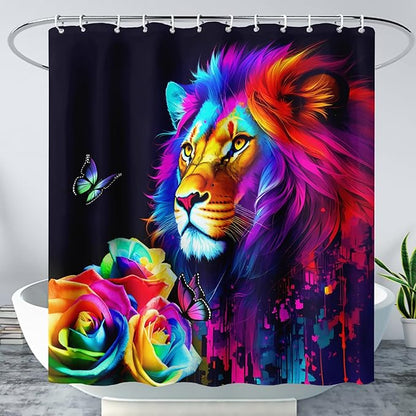 AILONEN Colorful Lion Shower Curtain for Kids Boys Teens,Rose Flower Graffiti Lion Bath Curtain for Bathroom Decor,Romantic Polyester Waterproof with 12 Plastic Hooks 72" W*78" H