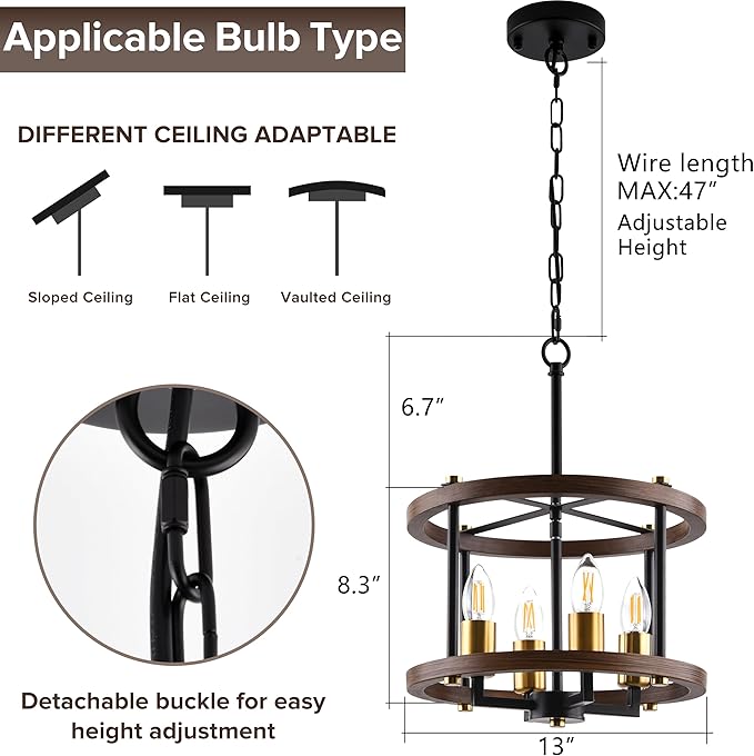 MO&OK 4-Lights Vintage Wood Color Farmhouse Wooden Metal Chandeliers Flush Mount Ceiling Light Fixture Farmhouse Chandelier for Dinning Room Living Room Bedroom Hallway Entryway Kitchen