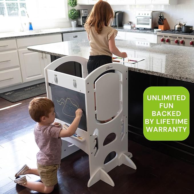 Little Partners Learning Tower Limited Edition Toddler Tower Step Stool Activity Center, Wooden Kids Learning Tower Standing Platform with Adjustable Height, Chalkboard, Safety Rails (Soft White)