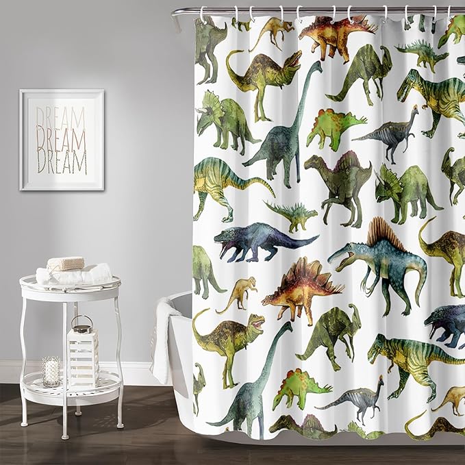 AILONEN Dinosaur Shower Curtain 48" W*72" H for Bathroom,Cartoon Dinosaur Bathroom Shower,Tropical Jungle Dinosaur Kids Boys Bath Curtain Polyester Waterproof Bathroom Curtain with 12 Hooks
