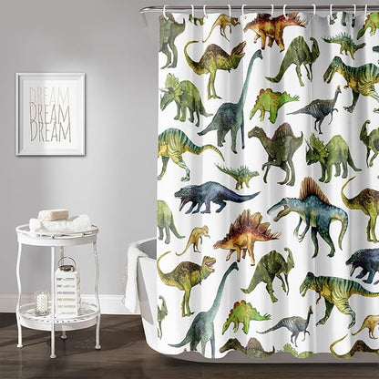 AILONEN Dinosaur Shower Curtain 60" W*72" H for Bathroom,Cartoon Dinosaur Bathroom Shower,Tropical Jungle Dinosaur Kids Boys Bath Curtain Polyester Waterproof Bathroom Curtain with 12 Hooks