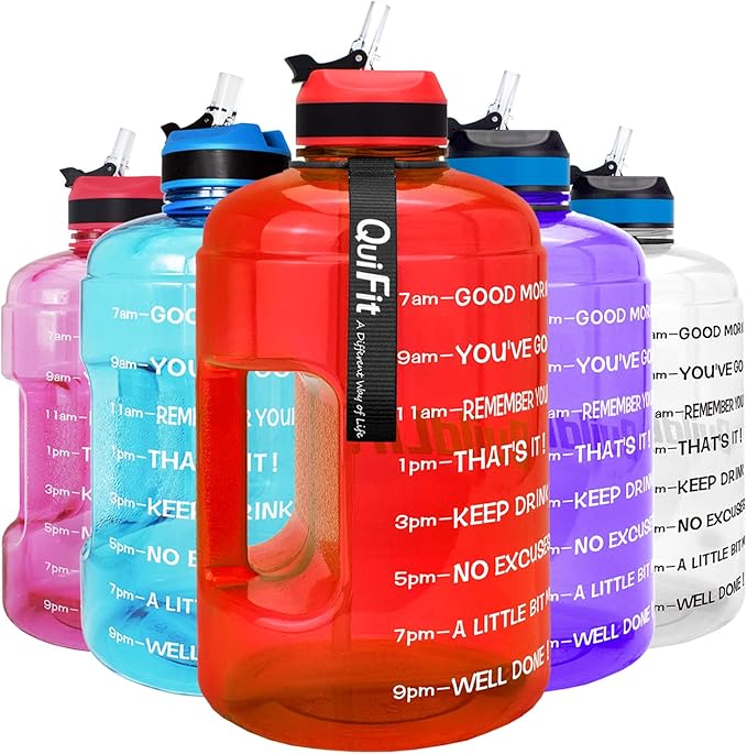 QuiFit Motivational Gallon Water Bottle - with Straw & Time Marker BPA Free Large Reusable Sport Water Jug with Handle for Fitness Outdoor Enthusiasts Leak-Proof