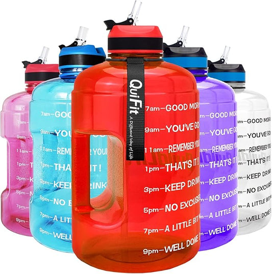 QuiFit Motivational Gallon Water Bottle - with Straw & Time Marker BPA Free Large Reusable Sport Water Jug with Handle for Fitness Outdoor Enthusiasts Leak-Proof