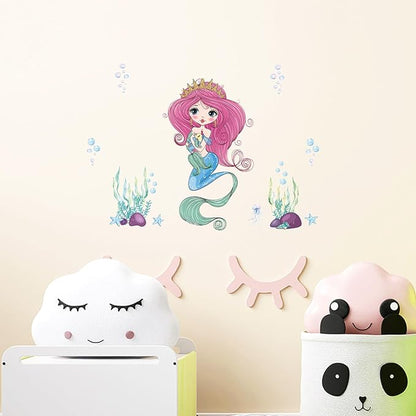Mermaid Wall Decal for Girls Room, Princess Room Decor, Under The Sea Decorations, Ariel Little Mermaid Stickers, Vinyl Kids Wall Murals Peel and Stick for Bedroom Bathroom Nursery Living Room