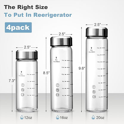 20oz Juice Bottles - 4 Pack Wide Mouth Glass Bottles with Lids- BPA Free, Stainless Steel Lids for Juicing, Smoothies, Infused Water, Beverage Storage - Leakproof, Borosilicate, Clear