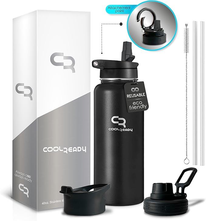 40oz Stainless Metal Black Water Bottle with Straw - Handle Lid, Thermos Coffee Travel Lid and Chug Lid - Double Walled Steel Sports Bottle - Work Out Bottle – Leak Proof -