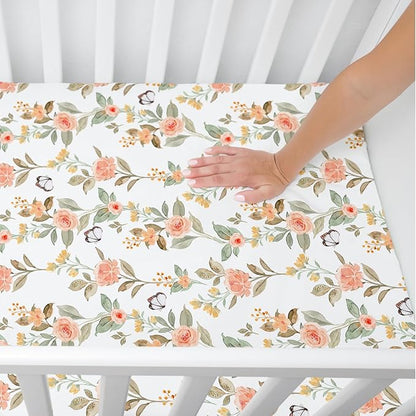 ACRABROS Crib Sheets for Girl Boy: Stretchy Baby Fitted Crib Mattress Sheets Sets 2 Pack Standard Size Ultra Soft Neutral, Rose&Leaf