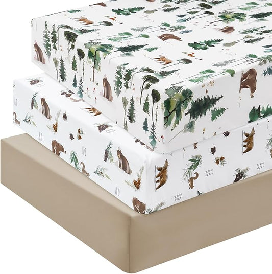 3 Pack Fitted Crib Sheets, Ultra Soft Breathable Comfortable Baby Sheet Set for Boys Girls Neutral, 28x52 Inch Fits Standard Crib and Toddler Mattresses, Woodland Animals