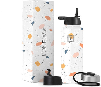 IRON °FLASK Sports Water Bottle - Wide Mouth with 3 Spout Lids - Stainless Steel Gym & Outdoor Bottles for Men, Women & Kids - Double Walled, Insulated Thermos, Metal Canteen - Terrazzo, 40 Oz