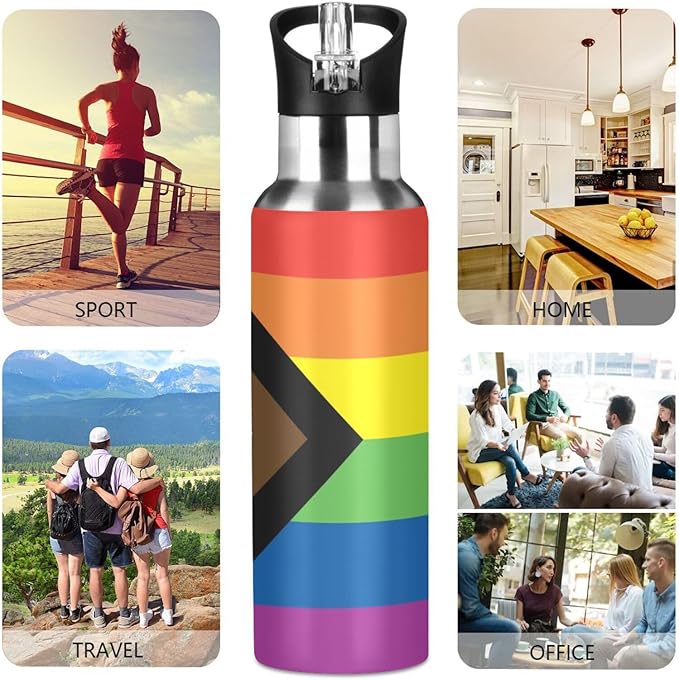 20oz Gay LGBT Progress Pride flag Sports Water Bottle,Double Wall Vacuum Insulated Stainless Steel Lesbian Water Bottle with Straw Keeps Hot＆ Cold, Bike Gym Travel Pride Day Month Gifts