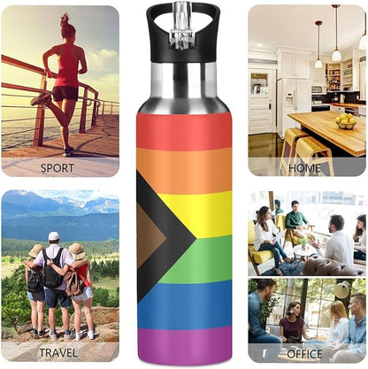 20oz Gay LGBT Progress Pride flag Sports Water Bottle,Double Wall Vacuum Insulated Stainless Steel Lesbian Water Bottle with Straw Keeps Hot＆ Cold, Bike Gym Travel Pride Day Month Gifts
