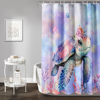 AILONEN Kawaii Sea Turtle Shower Curtain,Tie Die Turtle Bath Curtain Cloth Fabric Bathroom 72" W*72" H Inch,12 Pack Hooks for Kids Child Cute Watercolor Pink Sea Animal Bathroom Curtain