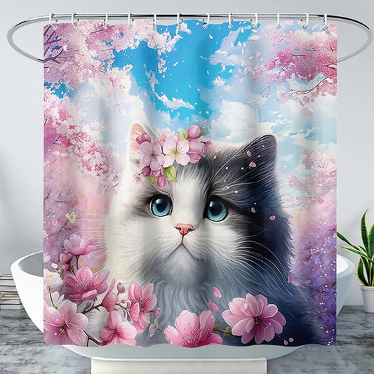 AILONEN Lovely Cat Shower Curtain Set, Pink Cherry Blossom Waterproof Fabric Shower Curtain for Kids Boys Girls,Fat Kitty Cloth Shower Curtain for Bathroom,72" W*72" H