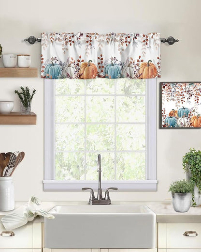 Fall Thanksgiving Kitchen Curtains Valances for Windows Watercolor Autumn Pumpkins Eucalyptus Leaves Rod Pocket Window Treatment for Kitchen /Living Room/Bedroom/ Bathroom,54" X 18" , Blue Orange