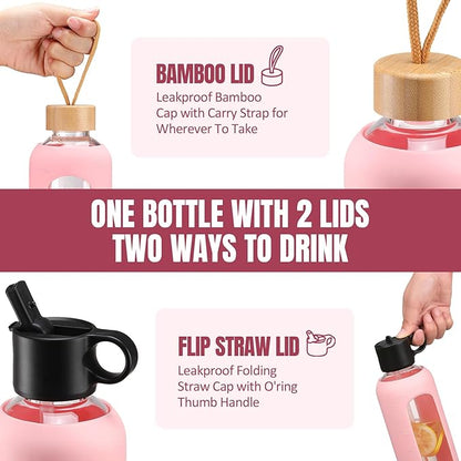 32oz Glass Water Bottle With 2 Lids-Flip Straw Lid, Bamboo Lid, Glass Water Bottle With Silicone Sleeve, Motivational Time Marker, Glass Juice Bottle for Cold Drink,Pink
