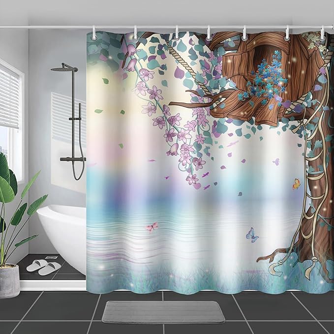 AILONEN Blue Tree Leaves Shower Curtain,Botanical Floral Plants Vine Shower Curtain,Butterfly Floral Shower Curtain for Bathroom Decor Polyester Waterproof with Grommets and Hooks 72" W*96" H