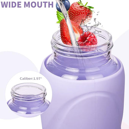 32 oz Sports Glass Water Bottle with Straw & Silicone Sleeve Reusable BPA-free Borosilicate Glass Drinking Bottle with Flip Top Lid & Handle Wide Mouth (Light Violet)