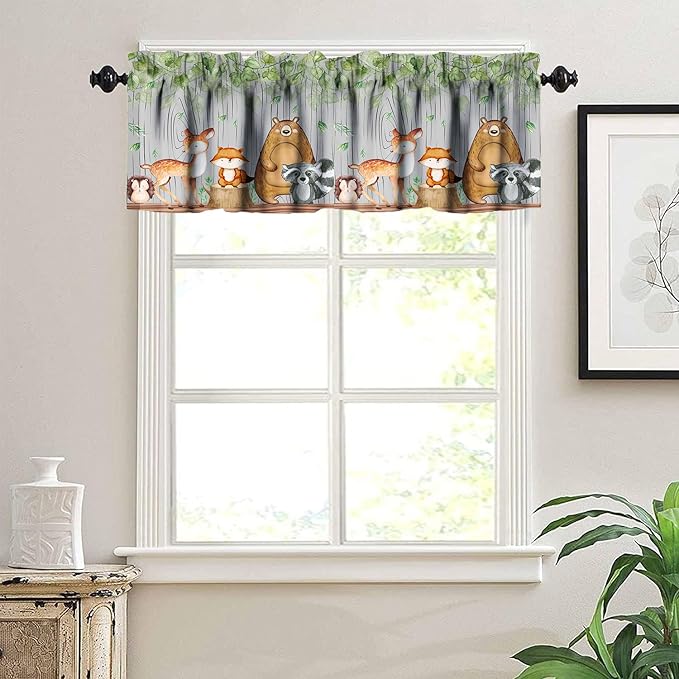 Cartoon Window Valance, Kids Woodland Animal Print Bears Deer Trees Leaves Forest Kitchen Valance for Living Room Nursery Bedroom Nursery Decor with Rod Pocket 54x18 Inch, 1 Panel