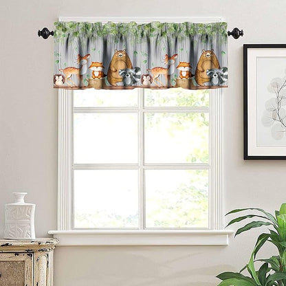 Cartoon Window Valance, Kids Woodland Animal Print Bears Deer Trees Leaves Forest Kitchen Valance for Living Room Nursery Bedroom Nursery Decor with Rod Pocket 54x18 Inch, 1 Panel
