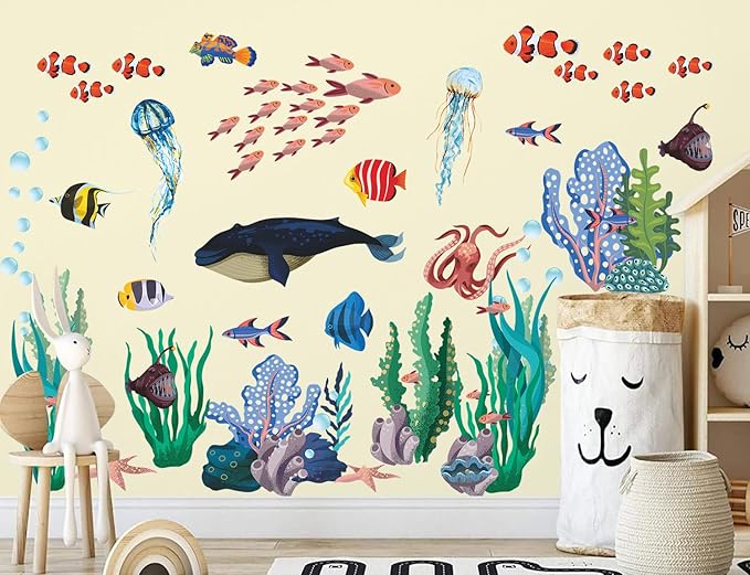 6 Sheets Under The Sea World Wall Decals Ocean Animals Wall Decals Removable DIY Watercolor Whale Jellyfish Fish Starfish Seaweed Ocean Grass Decor for Kids Living Room Bedroom Bathroom Decor