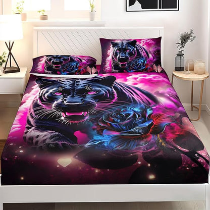 AILONEN Black Panther Fitted Sheet Set Queen Size,Red Rose Romantic Smoky Lightning Leopard Print Bed Sheet Set,Safari Animal Cheetah Fitted Sheet and 2 Pillowcases,3 Pieces