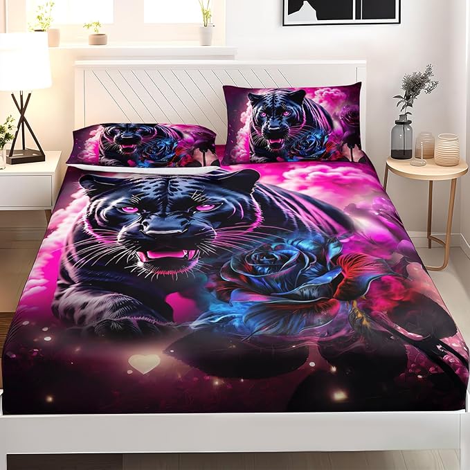 AILONEN Black Panther Fitted Sheet Set Full Size,Red Rose Romantic Smoky Lightning Leopard Print Bed Sheet Set,Safari Animal Cheetah Fitted Sheet and 2 Pillowcases,3 Pieces