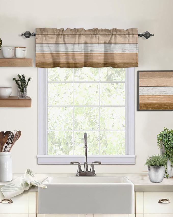 Farmhouse Kitchen Curtains Summer Fall Valances for Windows ,Brown Beach Fall Rod Pocket Country Window Treatment for Kitchen/Living Room/Bedroom/ Bathroom,54" X 18" -1 Panel, Rustic Barn Wood Texture