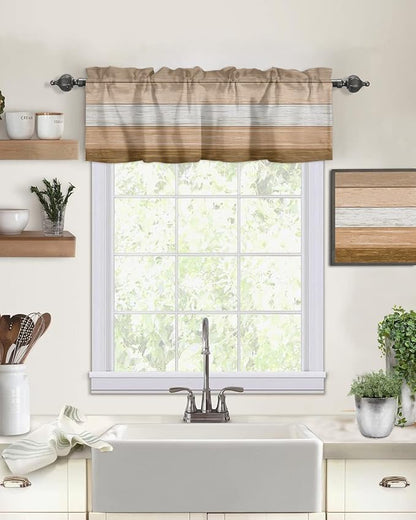 Farmhouse Kitchen Curtains Summer Fall Valances for Windows ,Brown Beach Fall Rod Pocket Country Window Treatment for Kitchen/Living Room/Bedroom/ Bathroom,54" X 18" -1 Panel, Rustic Barn Wood Texture