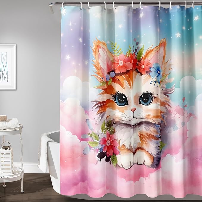 AILONEN Kawaii Cat Shower Curtains,Pink Sky Flora Cat Bath Curtains Gifts for Cat Lover,Cartoon Cat Curtains,Polyester Waterproof with 12 Plastic Hooks 72" W*78" H