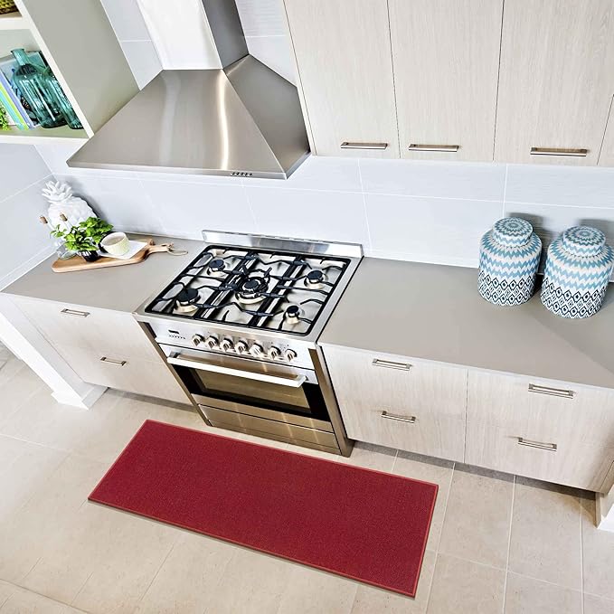 Machine Washable Modern Solid Design Non-Slip Rubberback 2x5/2x3 2PCS Set Traditional Runner Rug/Area Rug for Hallway, Kitchen, Entryway, Bathroom, 2 Piece Set - 20" x 59" / 2'3" x 3', Red