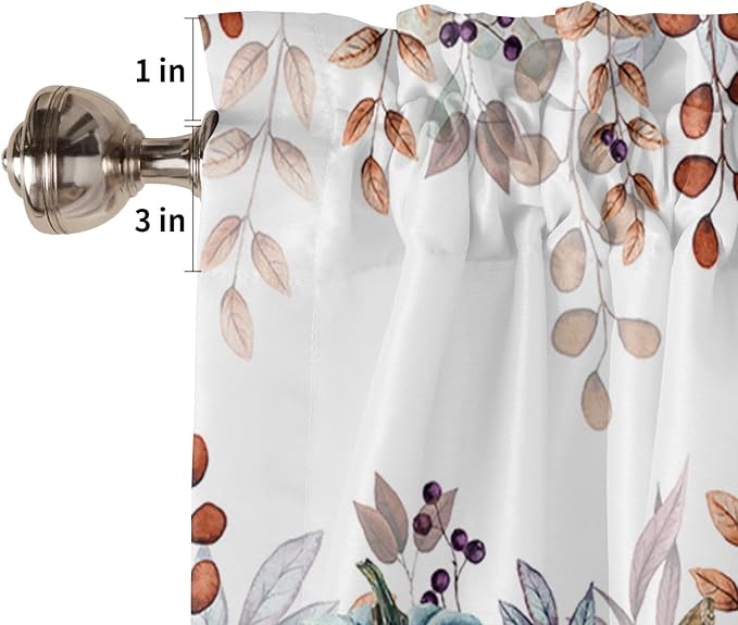 Fall Thanksgiving Kitchen Curtains and Valances Set, Watercolor Autumn Pumpkins Eucalyptus Leaves Small Windows Treatments Tiers Half/Short Curtains forCafe /Living Room/ Bedroom 54x24 in,Blue Orange