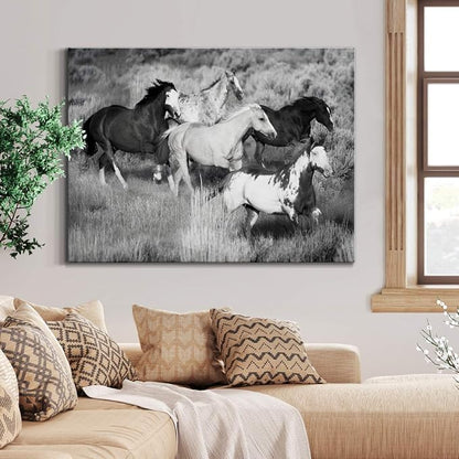Renditions Gallery Canvas Animal Wall Art Modern Decorations Paintings Running Vintage Horses Black & White Nature Wall Hanging Artwork Prints for Bedroom Office Kitchen - 24"x36" LT33