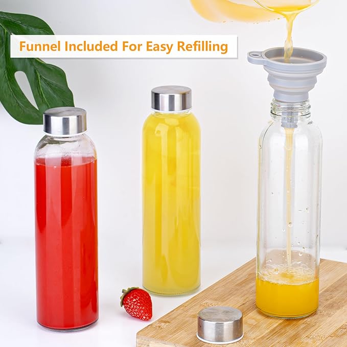 Glass Juice Bottles with Lids for Juicing 18 oz, Reusable Clear Glass Water Bottles with Stainless Steel Airtight Cap for Refrigerator, 100% Leak Proof, BPA Free, Set of 6