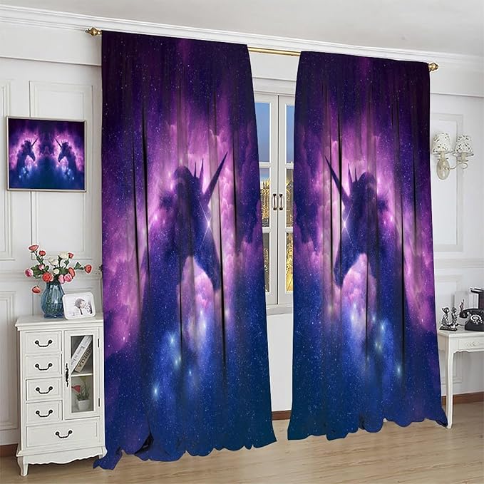 Unicorn Curtains Children's Cartoon Starry Sky Theme Unicorn Pattern Curtains Star Galaxy Boys Girls Room Blackout Curtains 84x84 Inch 2 Panels