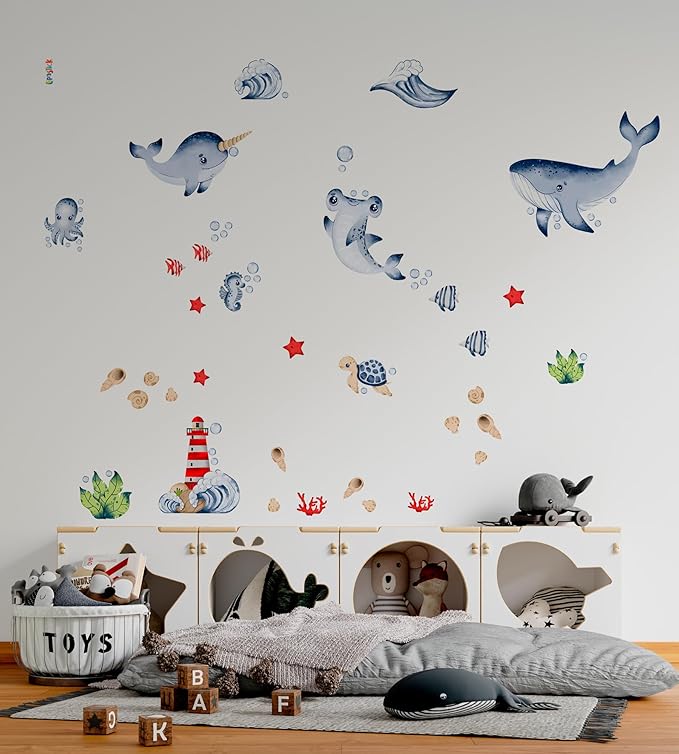 Ocean Wall Decals for Kids by Lipastick - Sea Kids Wall Stickers - Creative Nursery Wall Decal for Children – Nautical Vinyl Wall Decal Whale Shark Octopus Turtle Lighthouse S Size