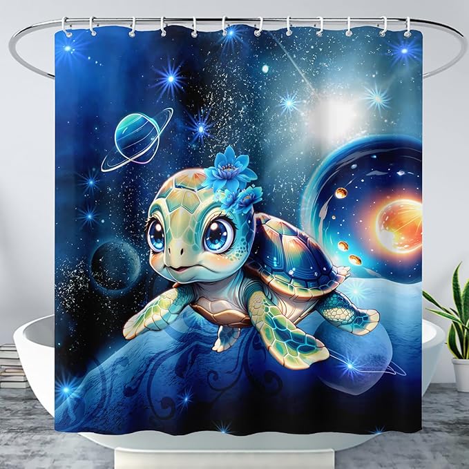 AILONEN 3D Sea Turtle Shower Curtain for Bathroom, Cute Turtle Blue Space Galaxy Bath Curtain,Kids Kawaii Ocean Turtle Decorative Watercolor Curtain with 12 Plastic Hooks for Boys Girls 72" W*84" H