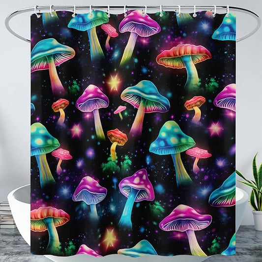 AILONEN Colorful Magic Mushroom Shower Curtain,Natural Fungal Plants Shower Curtain Set for Bathroom,Boho Style Waterproof Fabric Bath Curtain for Kids Girls, 72" W*96" H